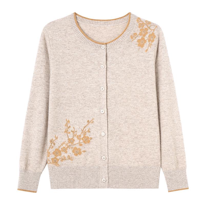 Women's Pure Wool Embroidered Cardigan - Round Neck, Button-Up Knitwear for Autumn/Winter