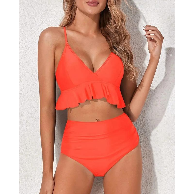 Купальник бикини с высокой талией, однотонный, раздельный дизайн, отделка краем в виде листьев, китайский бренд, модный женский купальник