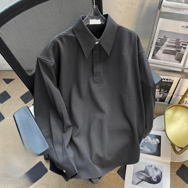 Мужская рубашка в стиле преппи, свободный мужской свитер с лацканами, универсальная однотонная блузка с длинными рукавами, осень-зима