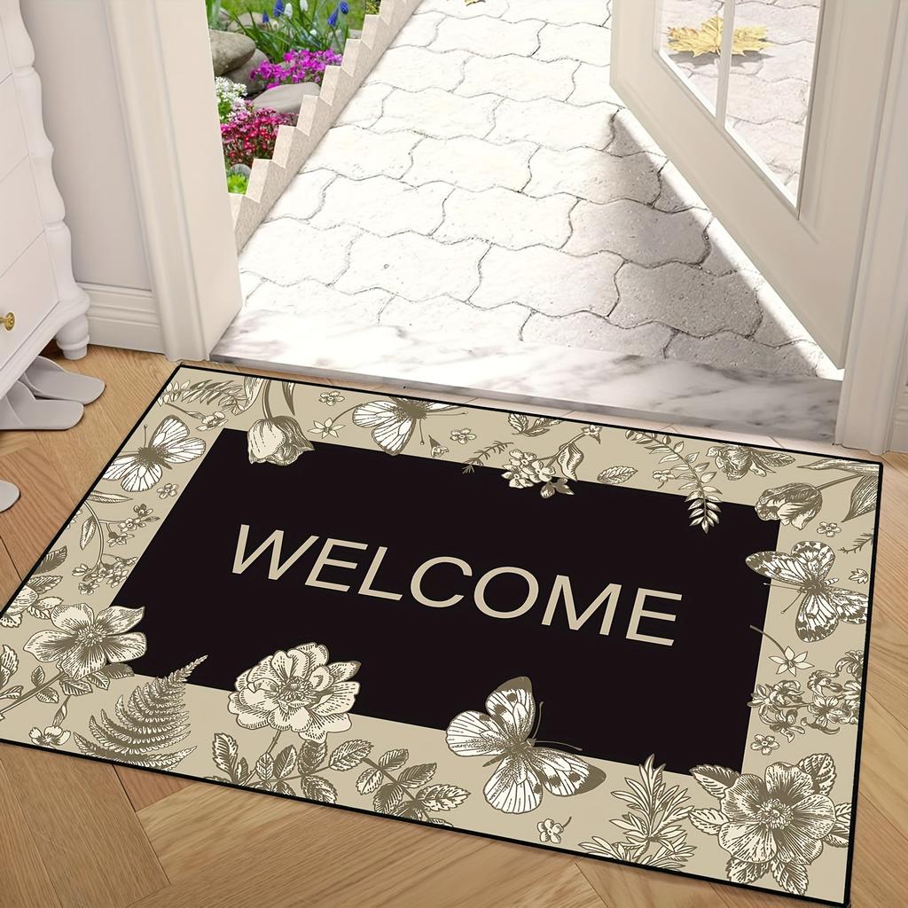 Floral Butterflies Welcome Doormats Entrance Non Slip Floor Mats Carpet Home Decor Indoor Outdoor Use Crystal Velvet