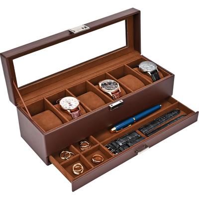 ProCase Футляр для часов с 6 слотами, витрина для часов, футляр для часов со стеклом, 2-уровневый органайзер для хранения ювелирных изделий, мужская коробка, ящик, мужская крышка,