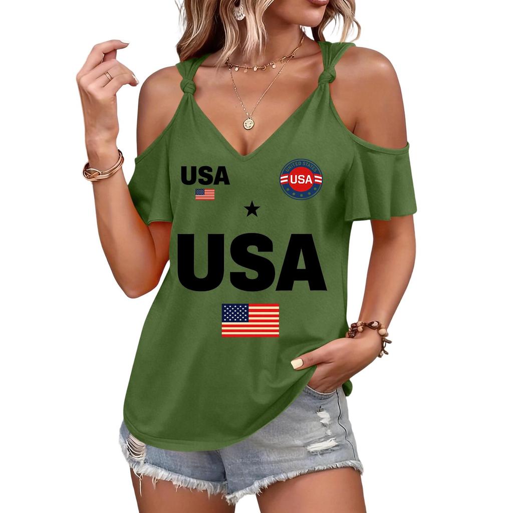 Женская футболка с открытыми плечами с принтом USA, на завязках-бретелях, с коротким рукавом, повседневный летний топ, свободного кроя, легкая блузка для повседневной носки