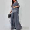 Summer Fashion Solid Chiffon Suit For Women Casual Round Neck Bat Sleeves Sequin Top Wide Leg Pants Two Piece Set