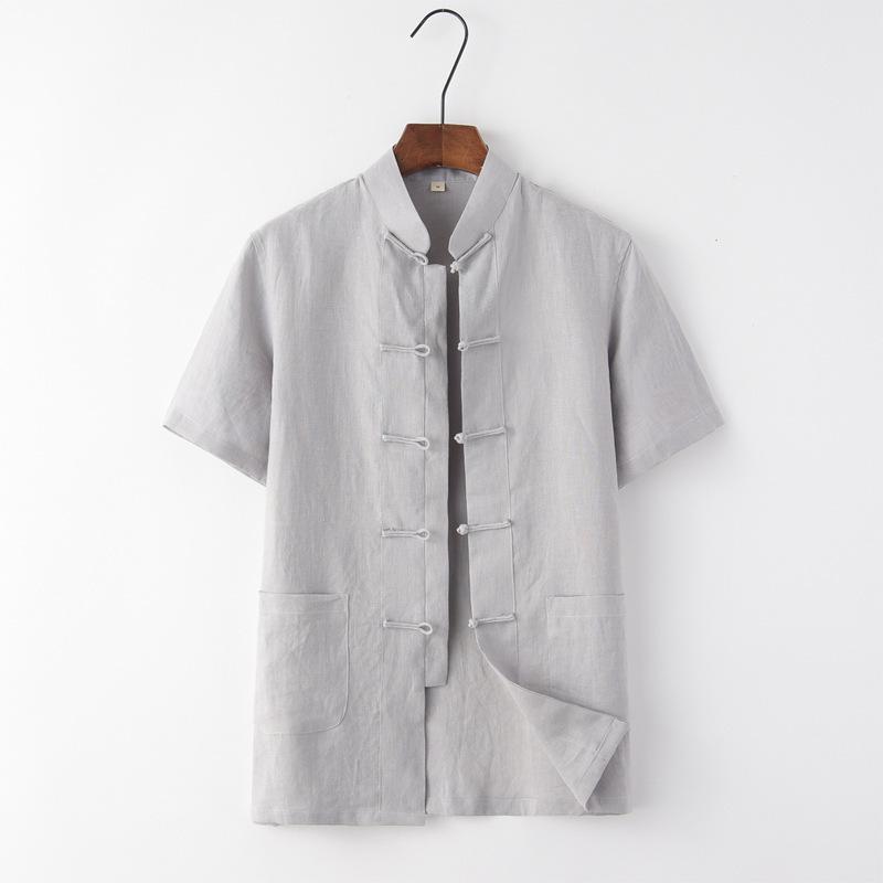 Мужской летний тонкий льняной костюм Танг - топ с короткими рукавами для людей среднего и пожилого возраста