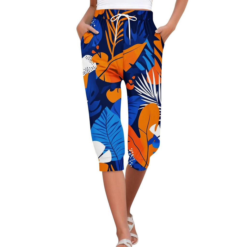 Женские летние повседневные свободные укороченные брюки с гавайским принтом и карманами