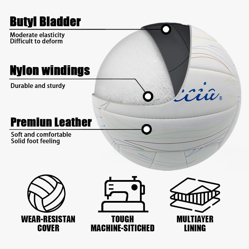 Official Size 5 White Leather Volleyball with Perfect for and Gardens Soft-touch Pump, Indoors, Outdoors, Pools, Beaches, (uninflated)