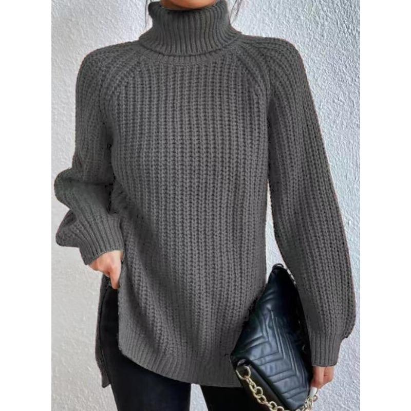 Autumn and Winter Women's Plus Size Knit Sweater Medium Long Shoulder Sleeve High Lapel Split Sweater Dress
