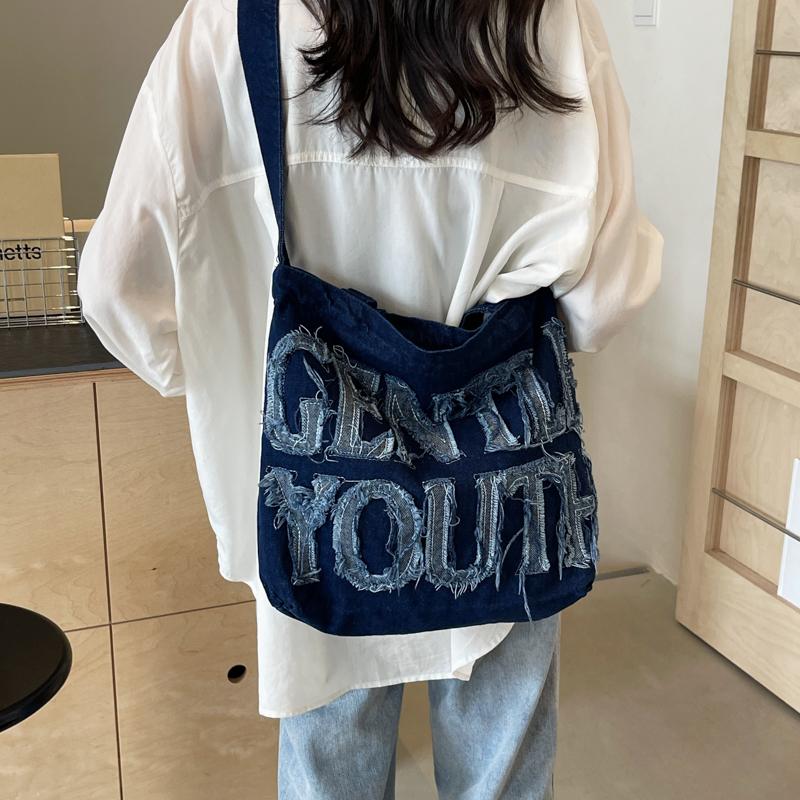 Джинсовая сумка-тоут, женская сумка через плечо с буквенным принтом, большая вместительная портативная сумка через плечо
