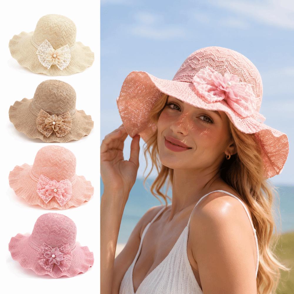 Breathable Wide Brim Straw Hat Adjustable Beach Sun Hat Sweet Ruffle Sun Hat For Women Girls