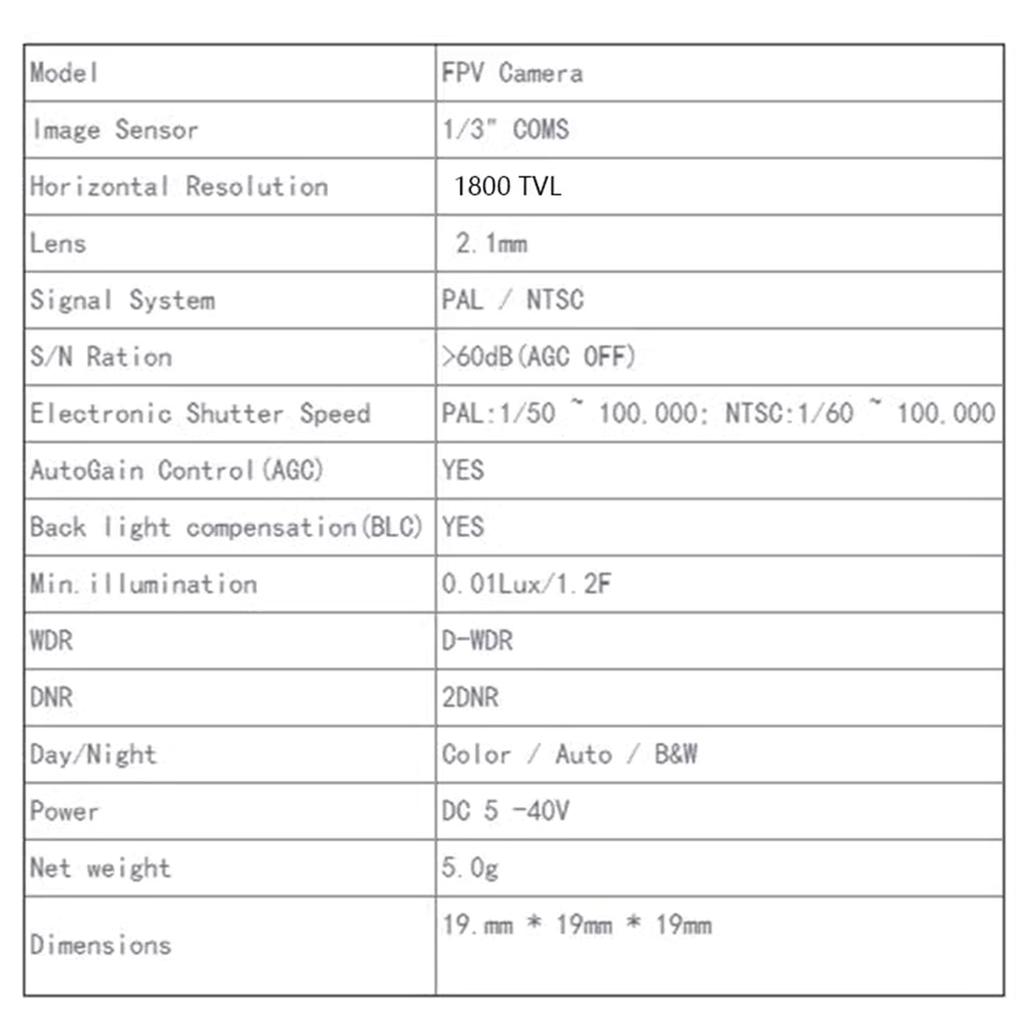 Micro 1800TVL Camera 2.1mm Lens High Resolution and Multi Format Support PAL/NTSC Switchable for FPV Drones Flying