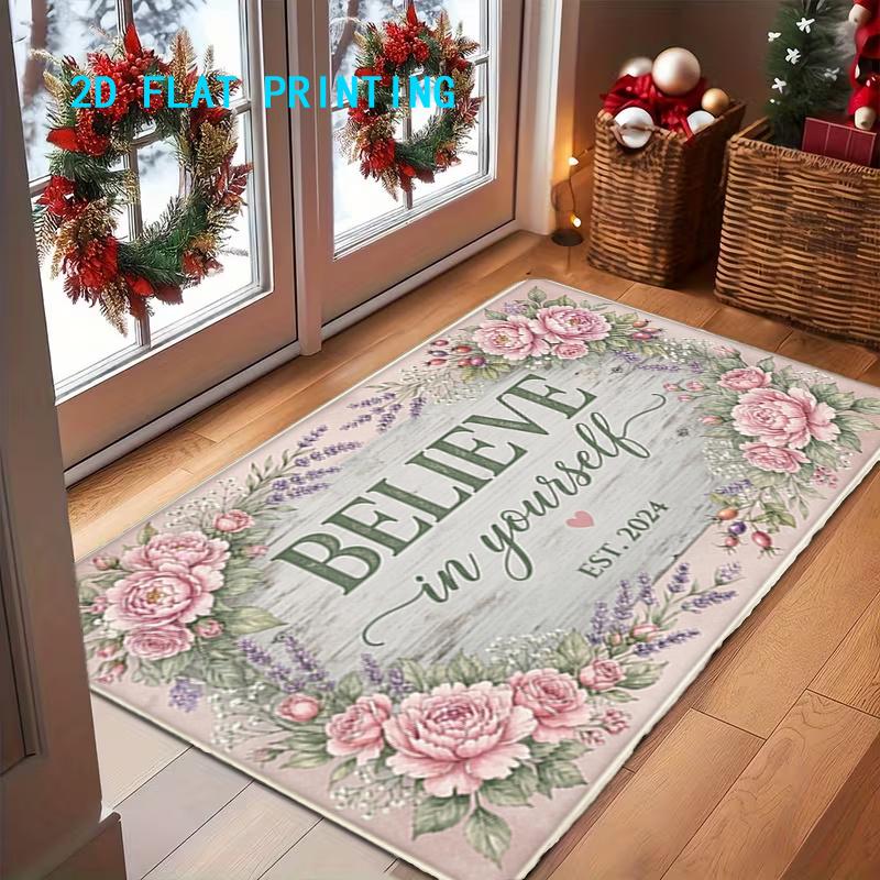 1pc, 2D Flat Printing, "BELIEVE in Yourself" Floral Print Entrance Door Mat, Colorful Non-slip, Machine-washable Mat, Suitable for Home Decor, Entrywa