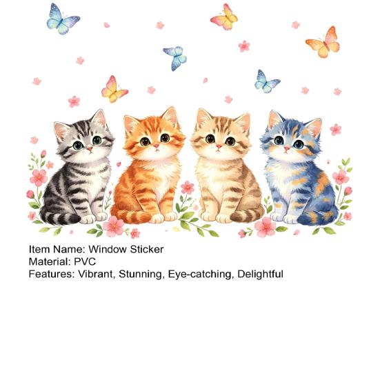 Весенний Кот Наклейка на Окно Мультяшный Кот Цветы Бабочки Наклейка на Окно Многоразовая Статическая Наклейка на Стекло для Ванной Кухни Стеклянные Двери Окна