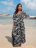 EDOLYNSA Plus Size Boho Black White Leopard Print Kaftan Beachwear Swimsuit Coverup For Women 2024 Summer Beach Dress Loose Caftan House Dresses Q1609