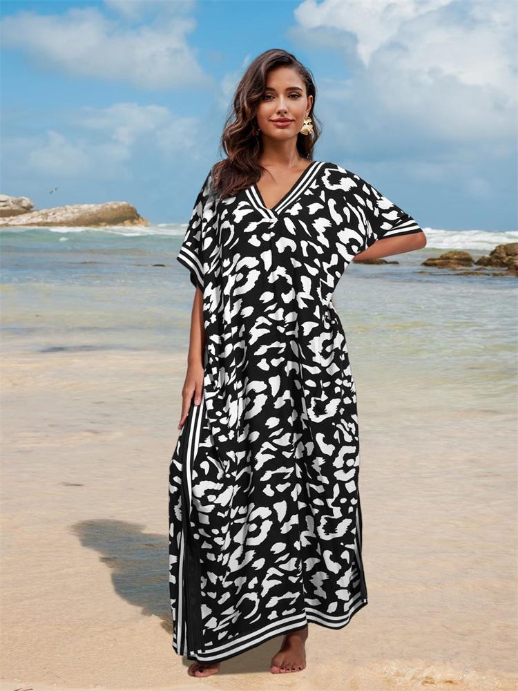 EDOLYNSA Plus Size Boho Black White Leopard Print Kaftan Beachwear Swimsuit Coverup For Women 2024 Summer Beach Dress Loose Caftan House Dresses Q1609