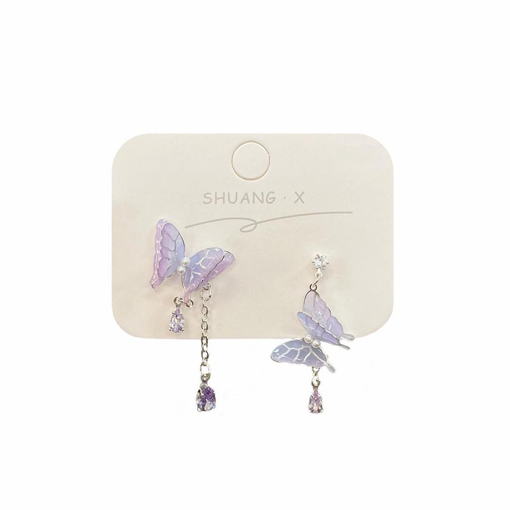 Серьги-бабочки с фиолетовым градиентом: Элегантные серебряные серьги-иглы для женщин со свежим, милым и сказочным очарованием