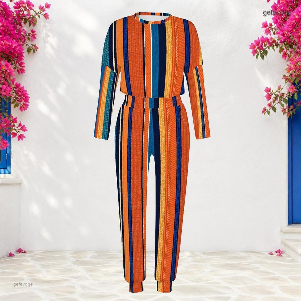 Women Plus Size Round Neck Long Sleeve Plaid Printed Cuffed Top And Pants Two Piece Set