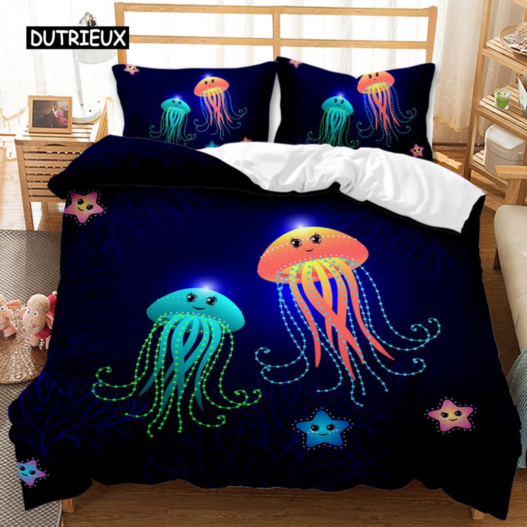 Комплект пододеяльников с изображением медузы, пододеяльник с принтом медузы для подростков, детское покрывало с океанской тематикой, полиэстеровое одеяло с морским коралловым принтом