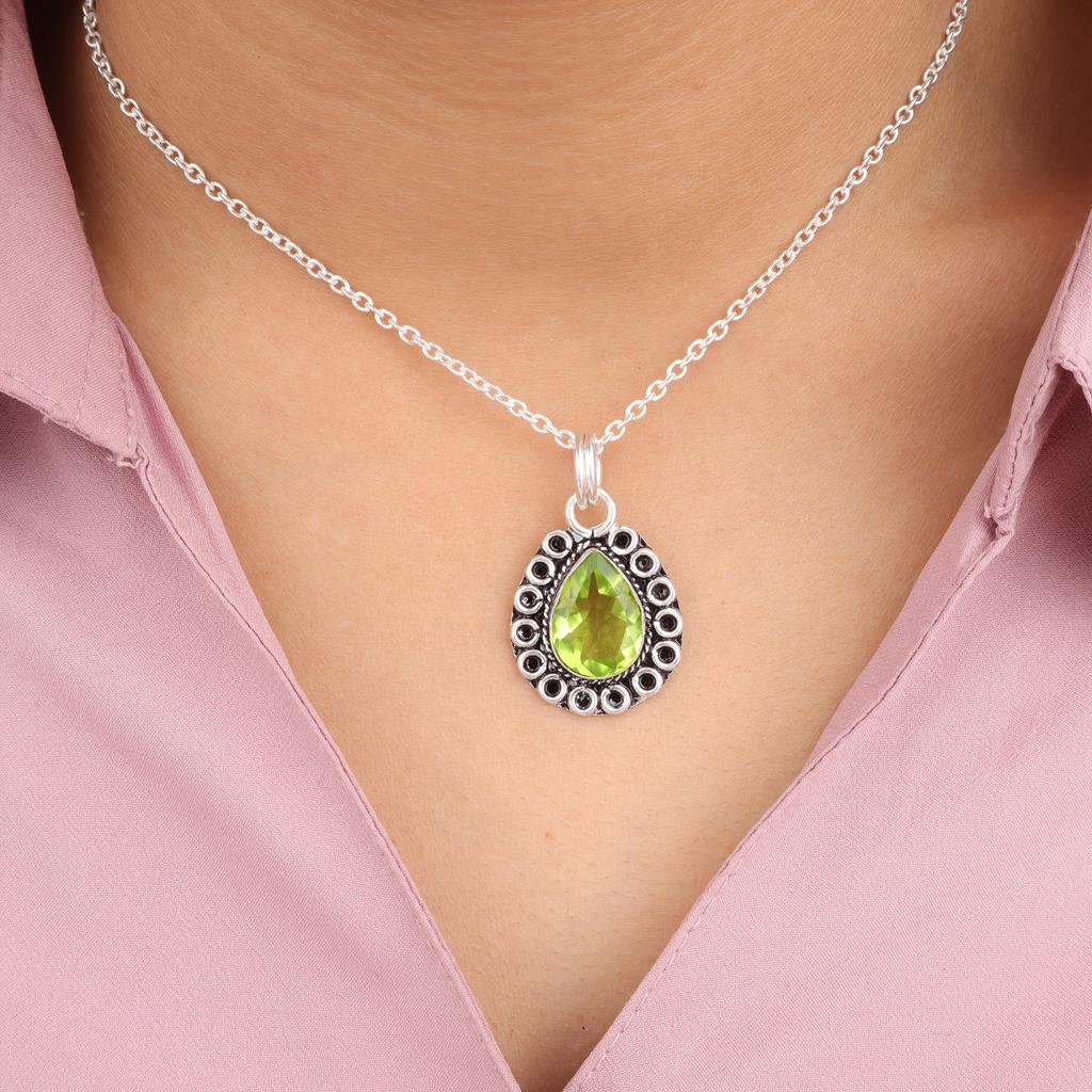 Peridot Gemstone Silver Partywear Pendant, 925 Sterling Silver Jewelry, Women's Wedding Jewelry, August Birth-Stone Gift PP-26-4