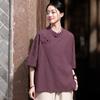 Women Chinese Style Shirts Tops Stand Purple Half Sleeve Blouses Summer Button Vintage Shirts