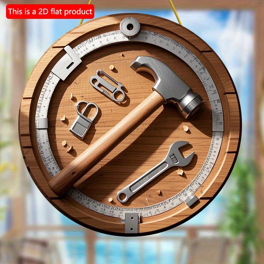 2D плоский 20 см 1 шт папа день отца стиль труда круглый деревянный настенный декор подарок, молоток гаечный ключ круглая линейка и замок узор деревянный кулон