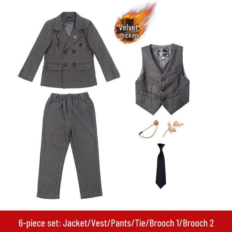 British Style Double-Breasted Boys' Three-Piece Striped Suit Set for Spring and Autumn