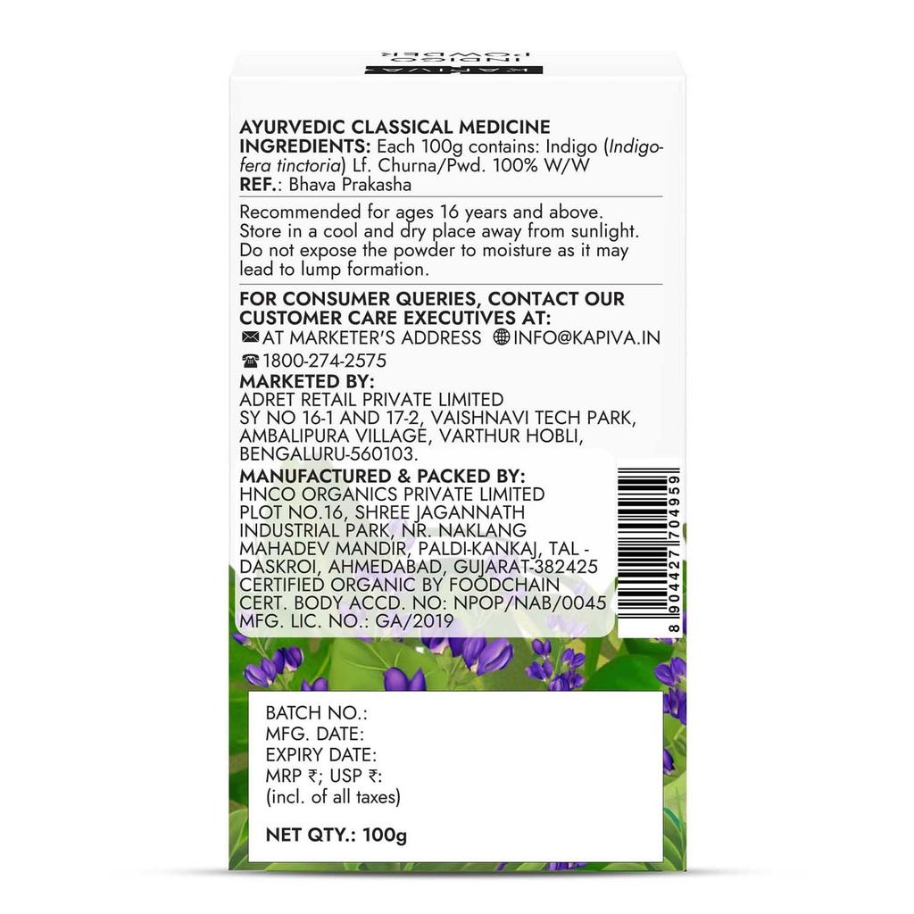 Kapiva Indigo Powder for Black Hair 100g Pack of 2 | 100% Natural Organic Herbal Hair Colorant | Chemical-Free Ayurvedic Hair Coloring