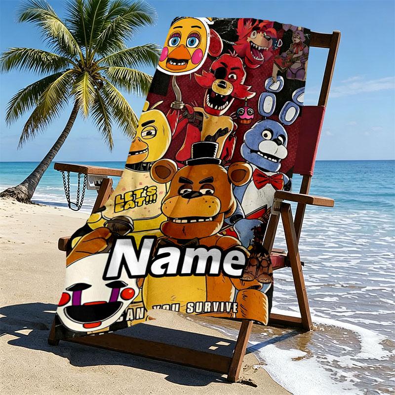 Custom Name Personalized Five Nights at Freddy's Print Beach Towel, for Trip Camping Beach Party Home Decor, Birthday Gift for Family & Friends