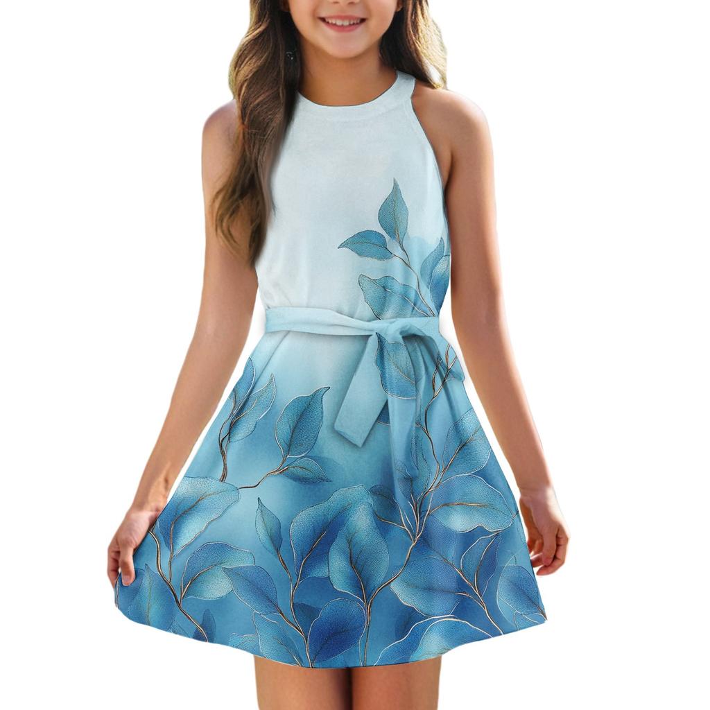 Летнее платье для девочек Платье без рукавов на бретельках Однотонное платье без рукавов с принтом Повседневное платье