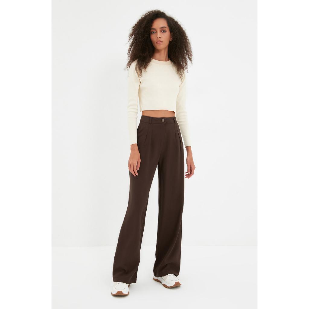 Brown Wide Leg Pleated Woven Trousers Twoaw22pl0475