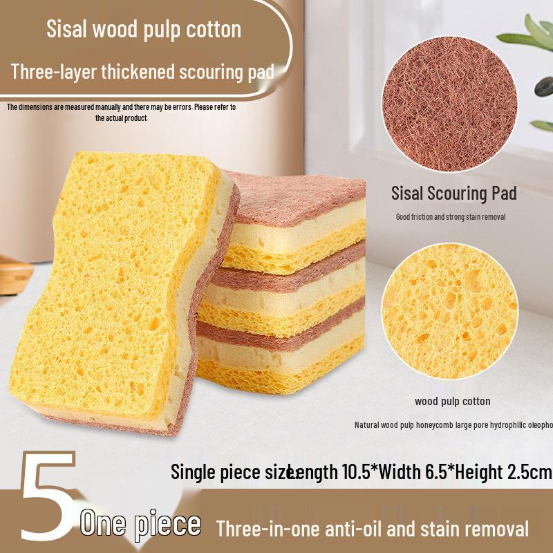 Wood Pulp Cotton Cleaning Sponge & Brush Set - Absorbent Dishcloth, Magic Eraser, Kitchen Scouring Pad