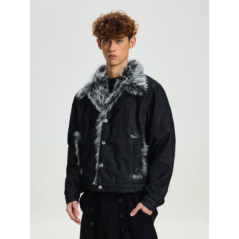 Cabbage Coke American Retro Thick Cotton Jacket for Men and Women, Loose Deconstructed Brushed High-End Fur Collar Coat