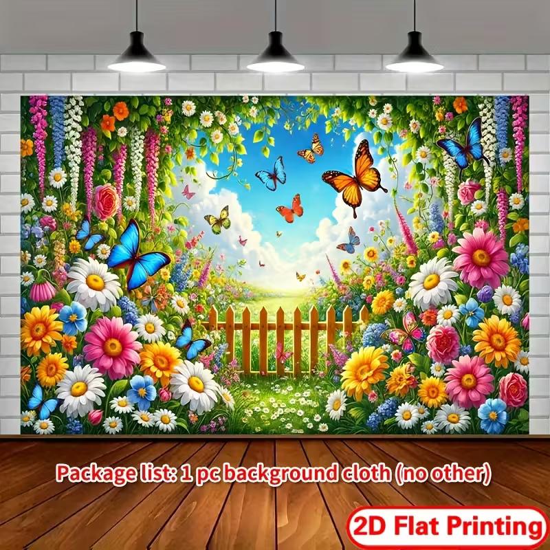 2D Summer Garden Backdrop Floral Butterfly & Fence Photo Booth Background