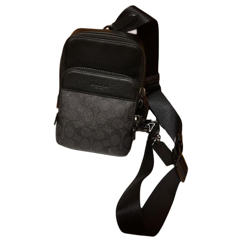 COACH Gotham 13 classic old pattern zipper closure outer pockets exquisite calfskin and coated canvas shoulder crossbody chest bag men's black