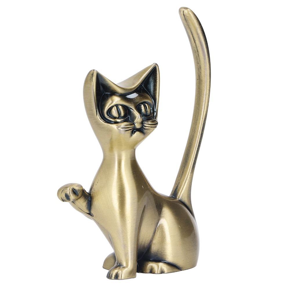 Zinc Alloy Cat Ring Holder Solid Brass Cat Statue Jewelry Towers Ring Organizer Shelf Decor