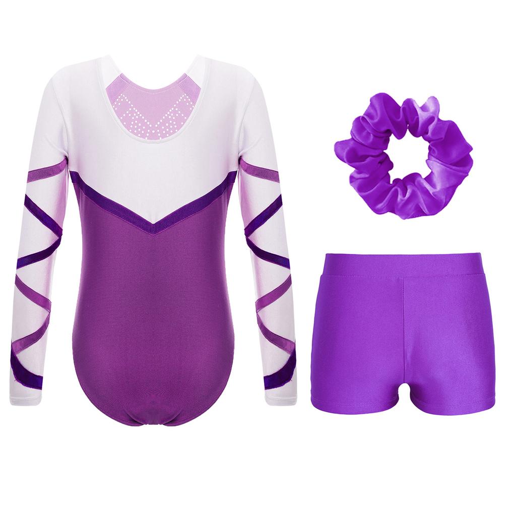 Костюм для танцев для девочек из 3 предметов, блестящий купальник с длинными рукавами, V-образный вырез спереди, шорты, повязка для волос для соревнований по гимнастике
