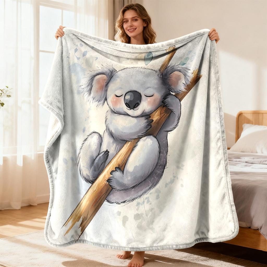 Koala Watercolor Flannel Fleece Blanket Cozy Modern Style Soft Polyester Throw with Cute Animal Design Light Gray Perfect for Loun