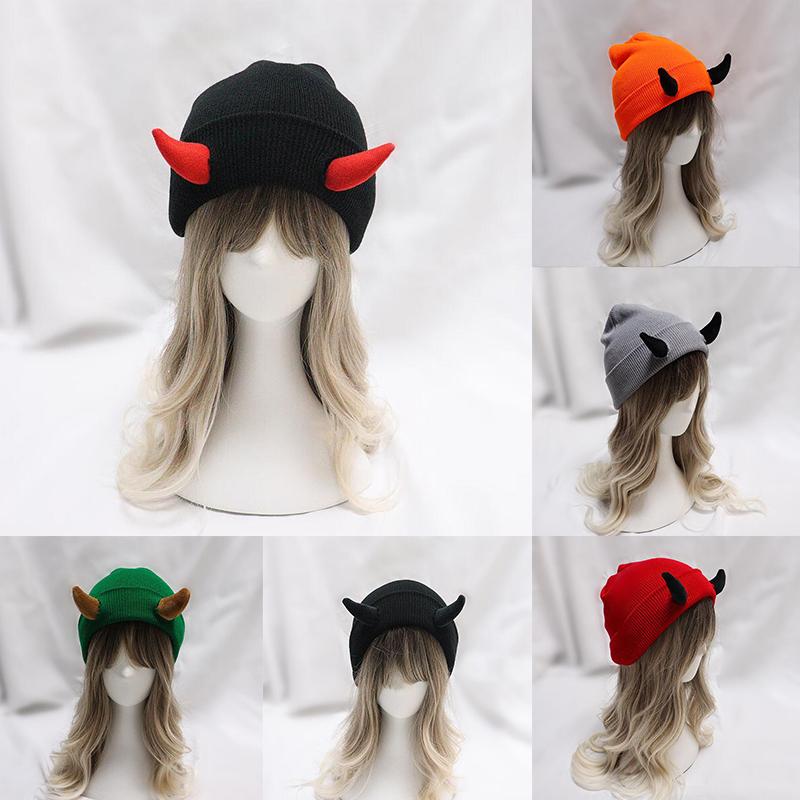 1PC Devil Trendy Warm Stretchy Knitted Playful Beanie Winter-Ready Hat Cold-Resistant Horn Soft-Knitted