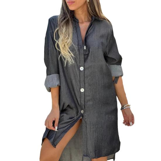 Denim Shirt Dress Shirt Collar Long Sleeves Women A-Line Style Dress Solid Color Single Breasted Knee-Length Dress