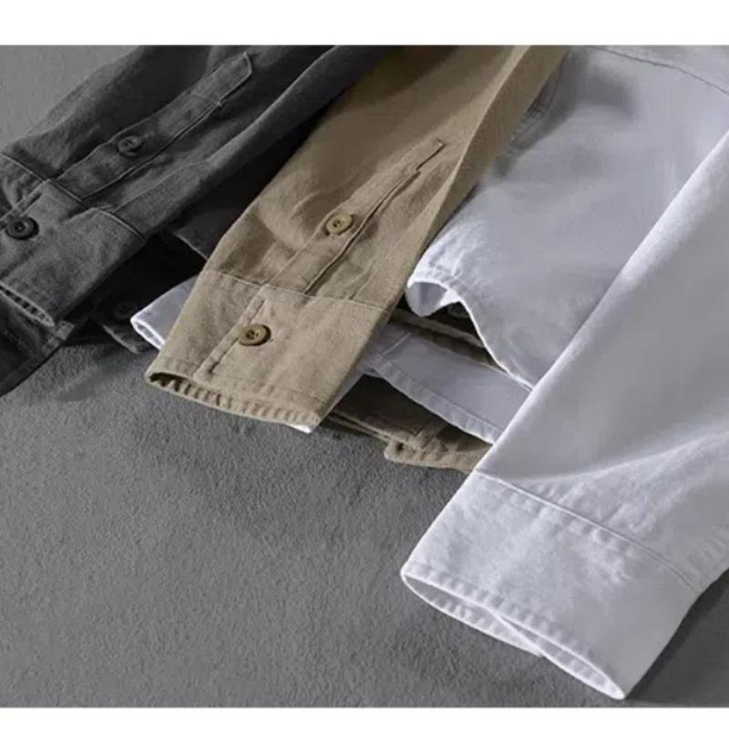 Весенне-летняя рубашка с длинным рукавом для мужчин в корейском стиле, рабочая одежда для мужчин, топы с воротником-лацканами и карманами, хлопковая рубашка, простая мужская одежда