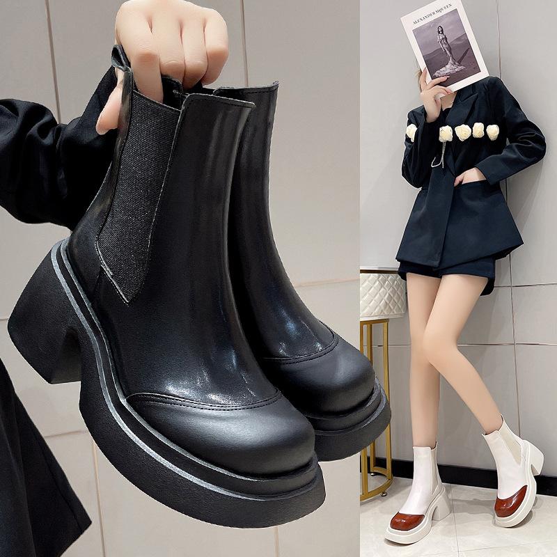 Модный тренд черный британский стиль толстый каблук толстая подошва ботинки Мартина женские 2025 новые весна и осень увеличивающие рост и стройнящие короткие ботинки