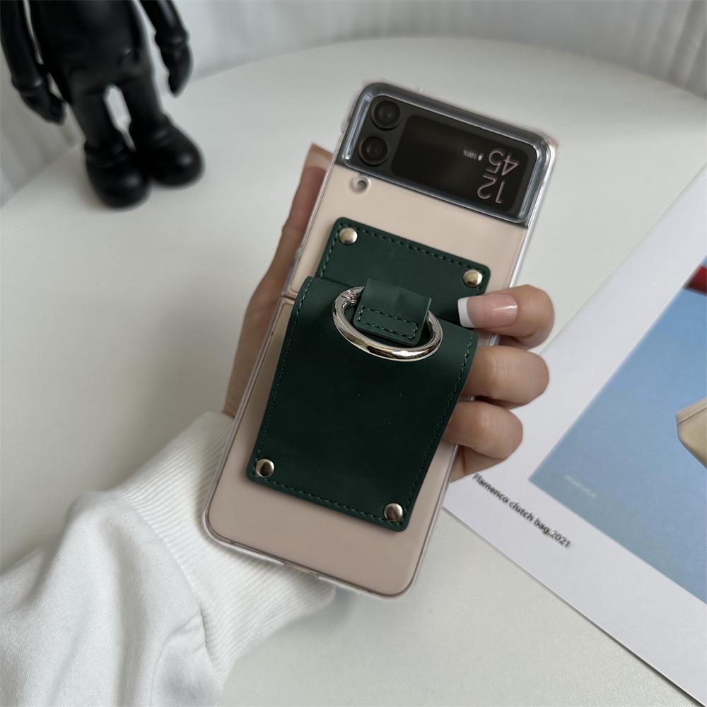 Защитный чехол из кожи для Samsung Galaxy Z Flip 4 с прозрачной пряжкой-кольцом для пальца