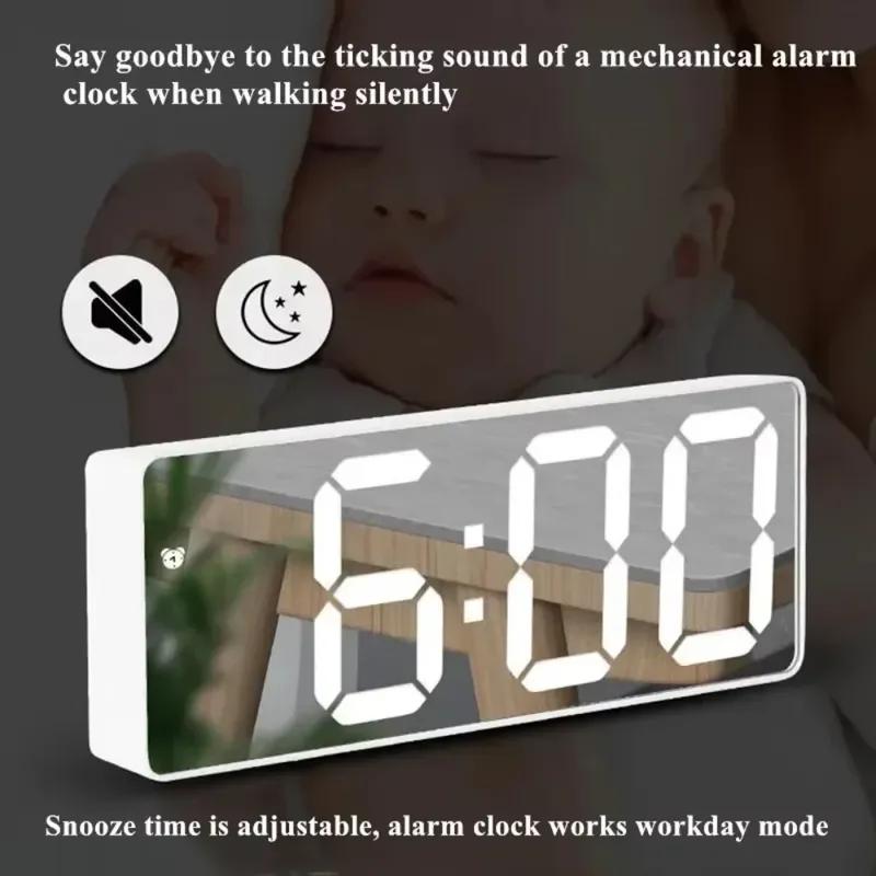 Mirror Digital Alarm Clock Voice Controlled Battery Powered Clock Snooze Night Mode 12/24H Electronic Desk Lamp Clock Home Decor