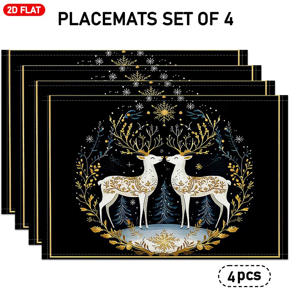 of 4/6 Christmas-Themed Linen Placemats Featuring a Design of Reindeer And Snowflakes, Adorned with Golden Leaves And Pine Tree Decorations, Suitable
