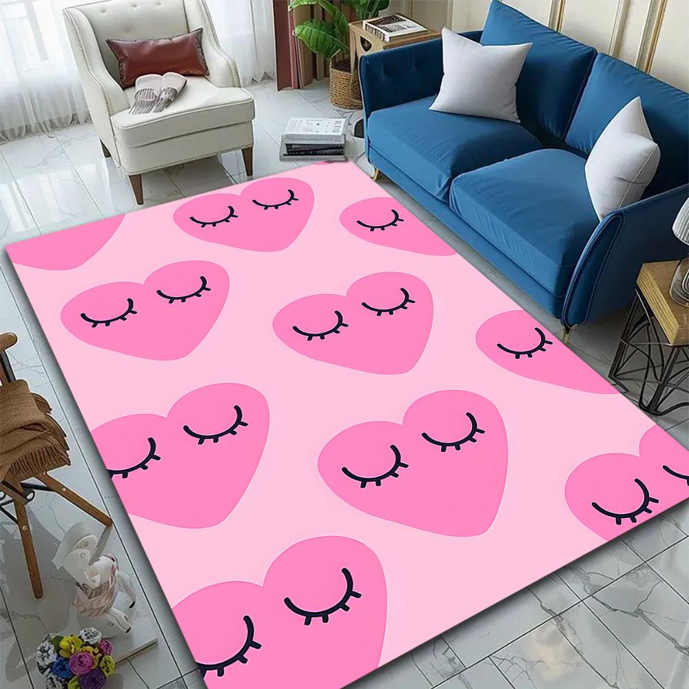 Pink Hearts with Sleeping Eyes Pattern Patterned carpet, suitable as a non slip play mat for the living room and bedroom sofa