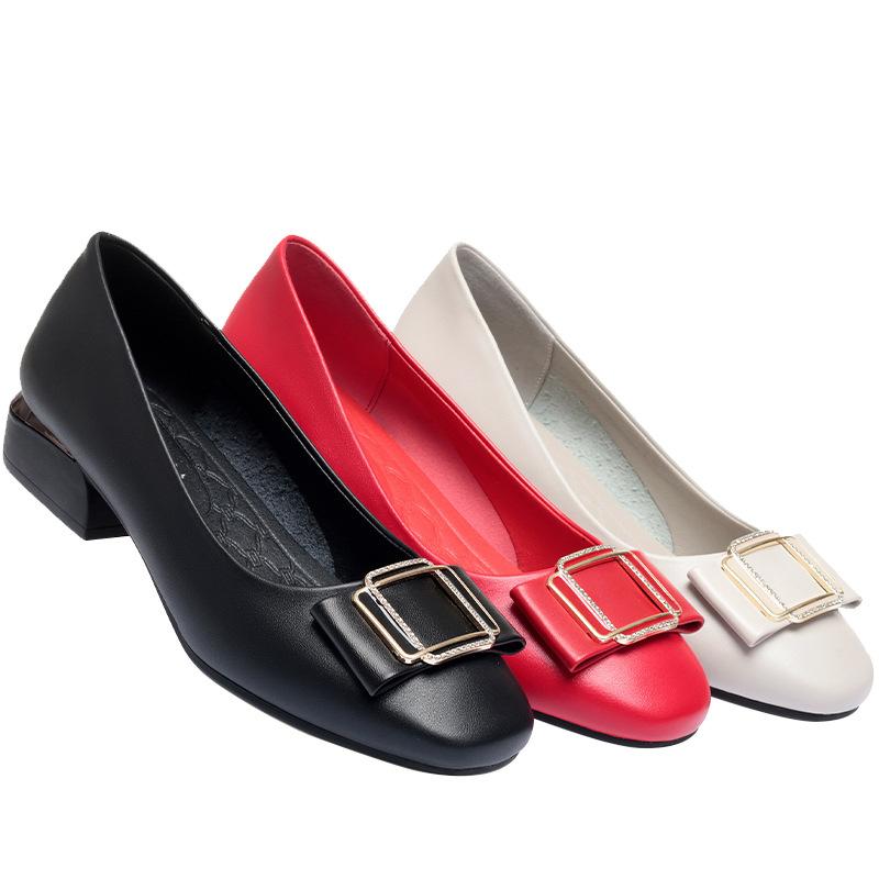 Мода Осень 2024 Новые Натуральная Кожа Женские Туфли С Небольшим Носом Красные Дикие Женские Туфли Низкий Каблук Туфли Медсестры Досуг На Открытом Воздухе