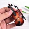 Wooden Mini Violin Model with Stand Playable Tiny Violin Figurine Miniature Musical Instrument Ornament Home Office Desktop Decoration