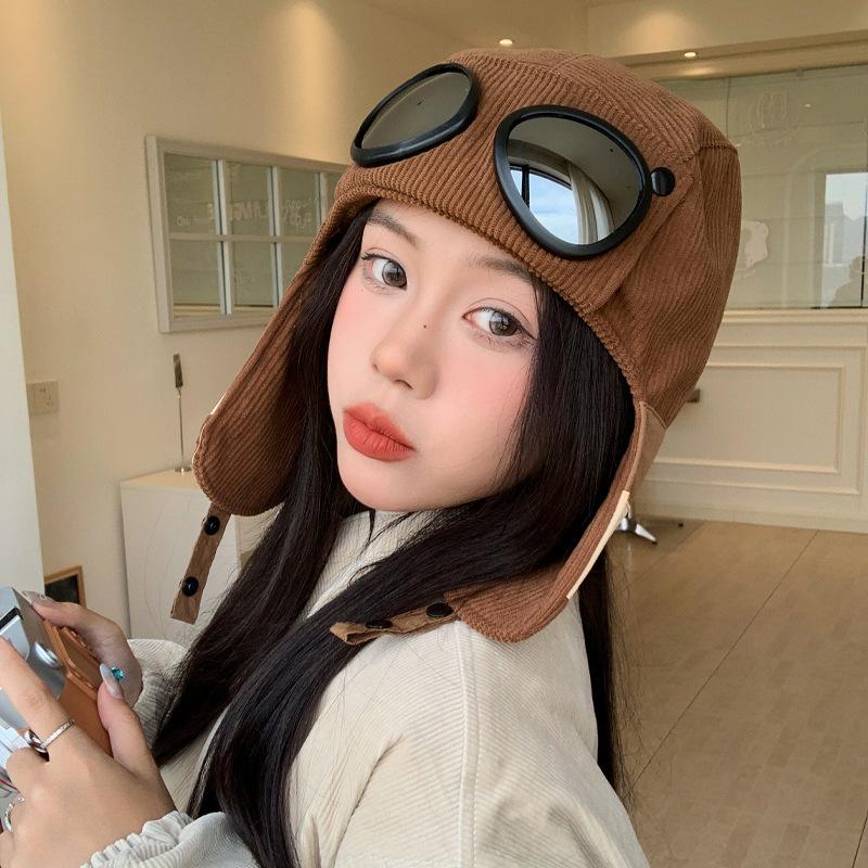New autumn and winter hats women's velvet thermal hats, goggles, flying hats, versatile windproof ear protectors, Lei Feng hats