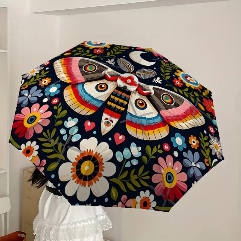 1pc Colorful Floral Moth Mandala Umbrella with Plastic Handle,Suitable for All Seasons Home Travel Outdoor UmbrellaDD1175