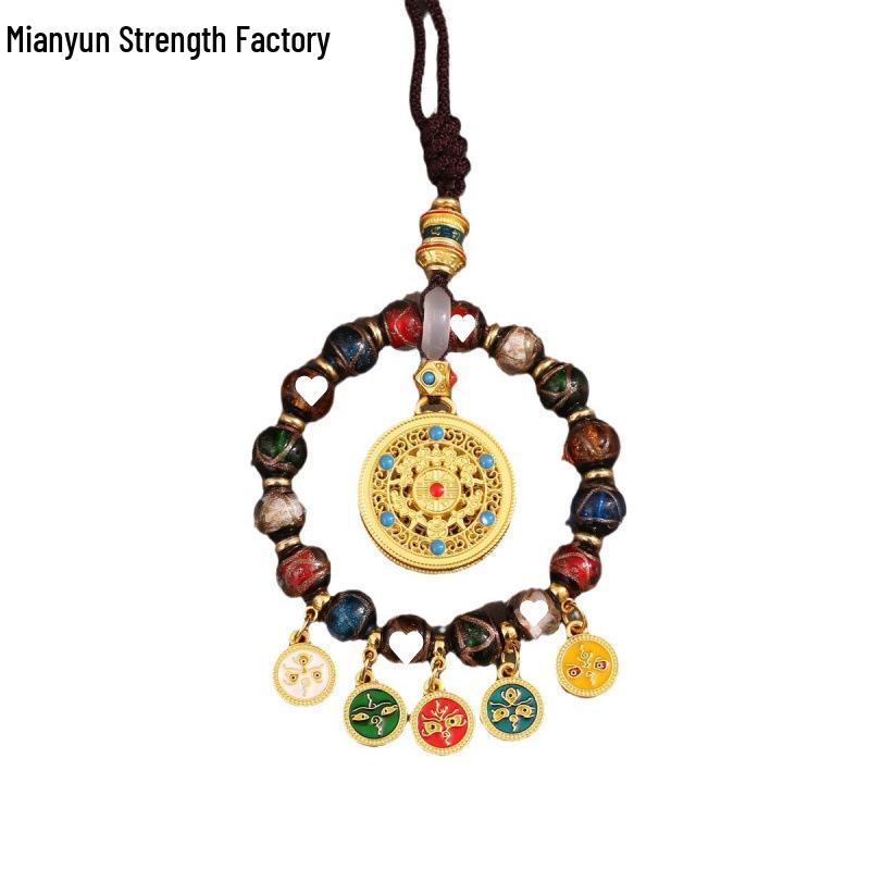 Tibetan Wealth God Zhakila Lhamo Incense Ash Glass Pendant - Five Directions Car Charm, Metal Retro Style