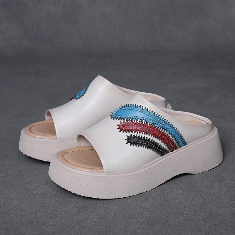 Johnature Тапочки для улицы в стиле ретро с открытым носком и толстой подошвой из натуральной кожи, повседневные женские туфли на танкетке с мягкой подошвой